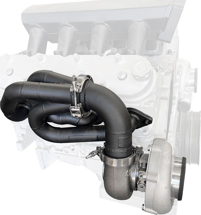 GM LS Twin Turbo Long Runner Manifolds Forward Facing, High Mount with 2.5" V-Band, Sold As a Pair