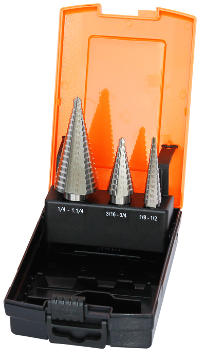 Step Drill Set 3Pce Sae M2 1/8 To 1/2 In 1/32Inc