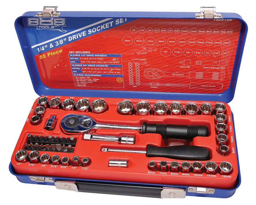 Socket Set 888 1/4" & 3/8" Dr 12Pt Metric/Sae 55Pc