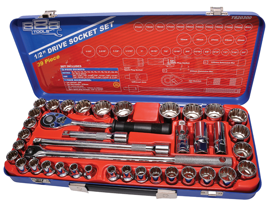 Socket Set 888 1/2" Dr 12Pt Metric/Sae 39Pc