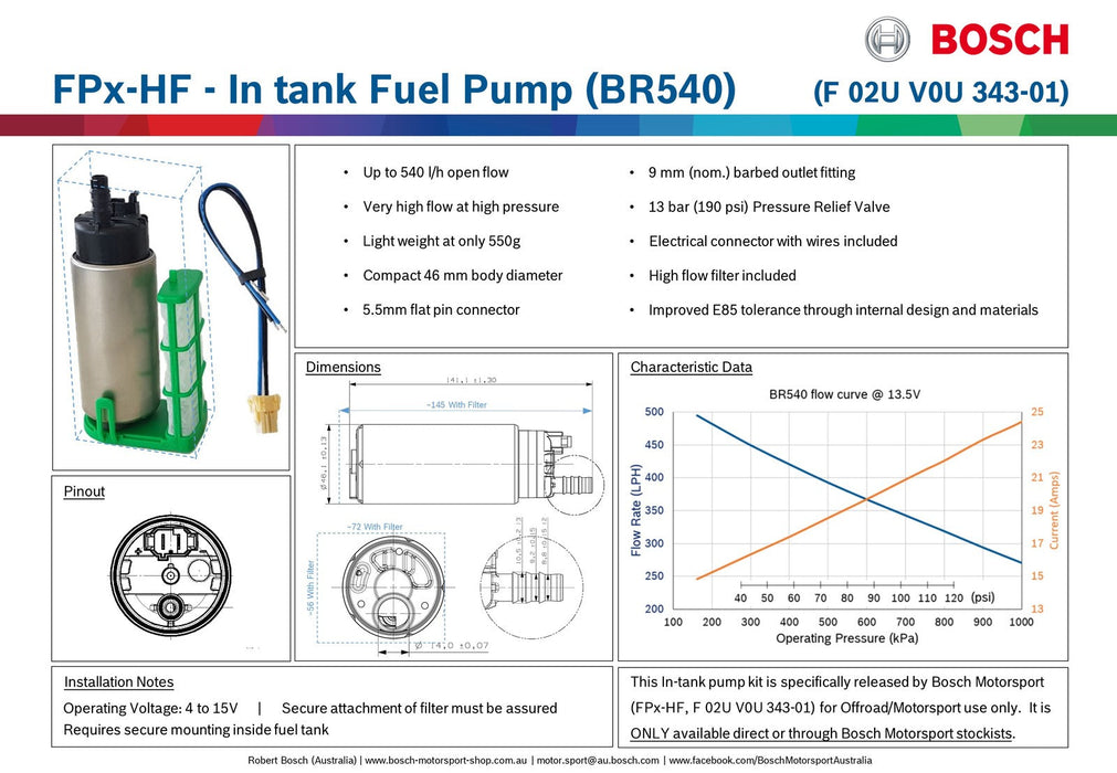 Bosch Motorsport BR540LPH Intake Fuel Pump | F02UV0U343-01